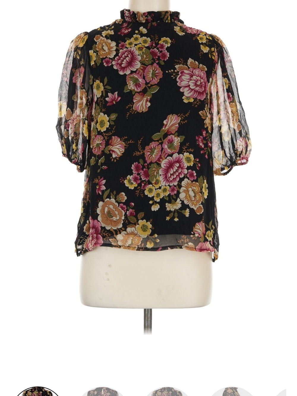 Sezane Black Floral Puff-Sleeve Mock Neck Blouse